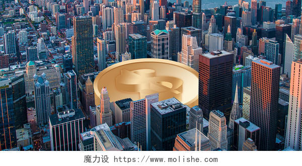 蓝色金色商务建筑钱币立体简约金融大厦展板背景